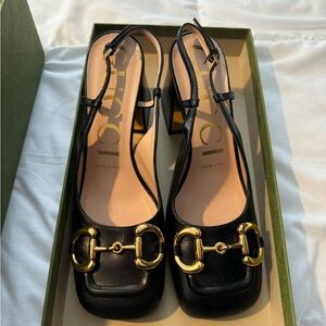 Gucci Black Leather Heels with Gold Horsebit Hardware